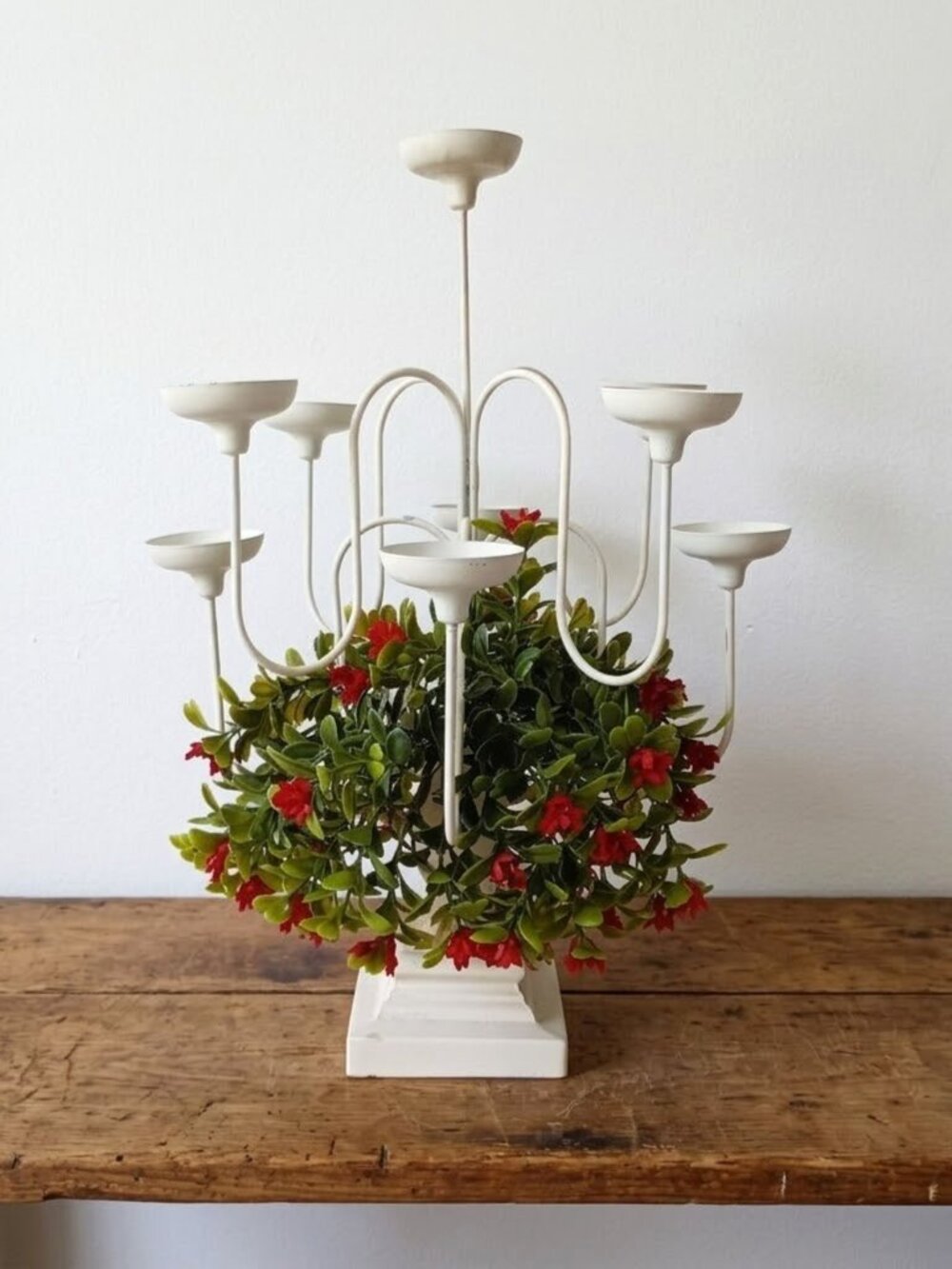 Vtg MCM 9 Cup Metal Candelabra Centerpiece Christmas Greenery Wood Base 17-inch